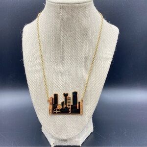Goldtone & Black City Skyline Necklace On Gold Chain Cityscape Necklace